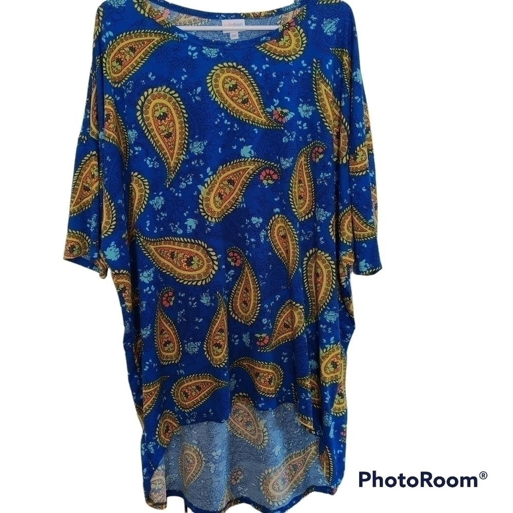LuLaRoe "Irma" Blue Paisley High Low Short Sleeve T Shirt Top 2XL